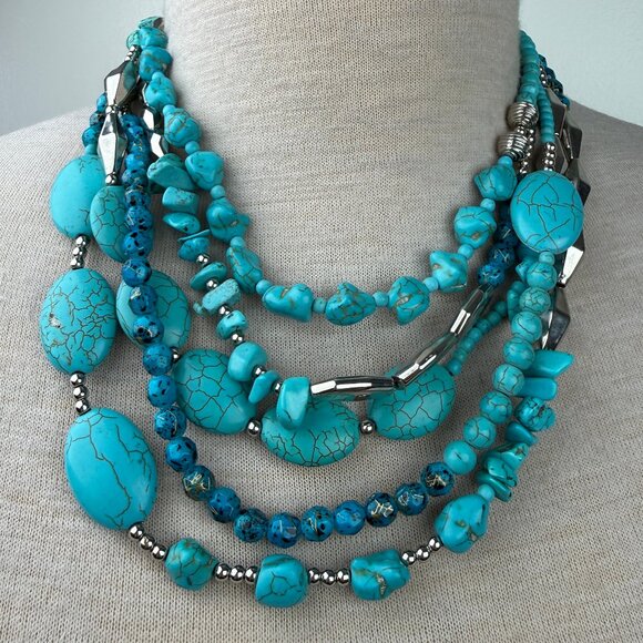 Jewelry - Multi-strand (5) Faux Turquoise Dyed Howlite & Silver Tone Necklace 18.5" Chunky
